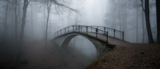 Fototapeta premium Stone Bridge in a Foggy Forest