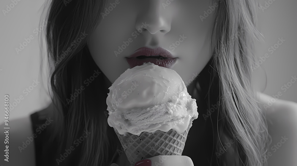 Wall mural woman with long hair enjoying ice cream cone.