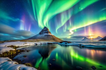 Captivating Northern Lights Over Icelandic Mountain with Reflective Lake