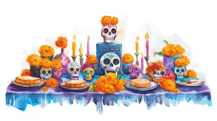 Vibrant Day of the Dead altar with colorful skulls, flowers, and candles, celebrating life and honoring loved ones.