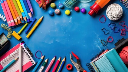 Royal blue background highlighting vibrant school supplies, ideal for catchy educational promotions