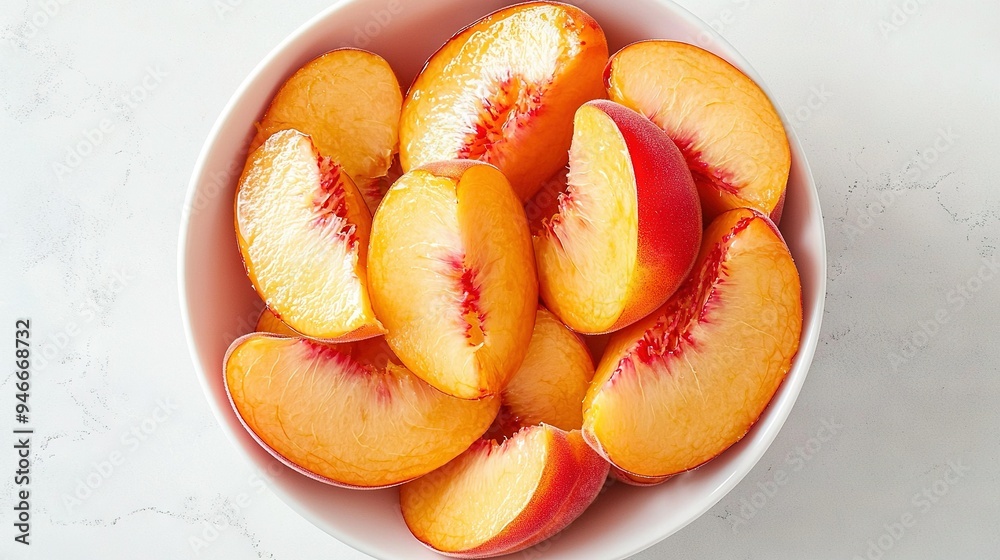 Sticker a bowl full of sliced peaches rests atop a white countertop, alongside a knife and fork