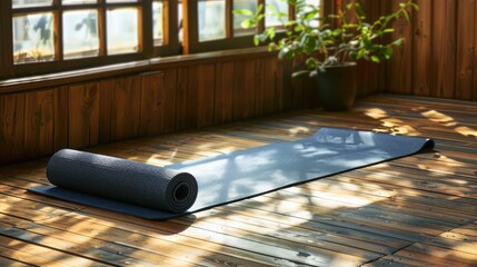 A vibrant yoga mat laid out on the floor, catching sunlight through the window.