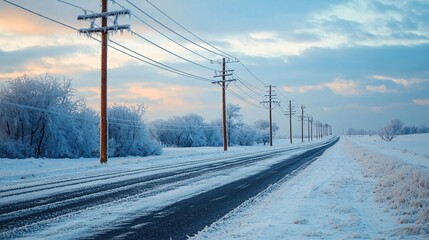 Snowy Road With Power Lines.