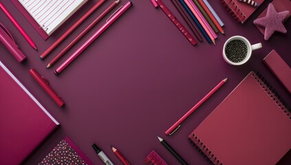 School essentials neatly placed with a rich plum background for text, ideal for branding