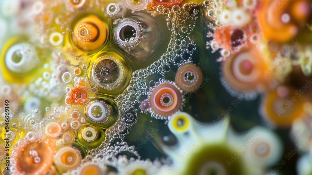 Poster close-up of vibrant, circular patterns in a liquid medium