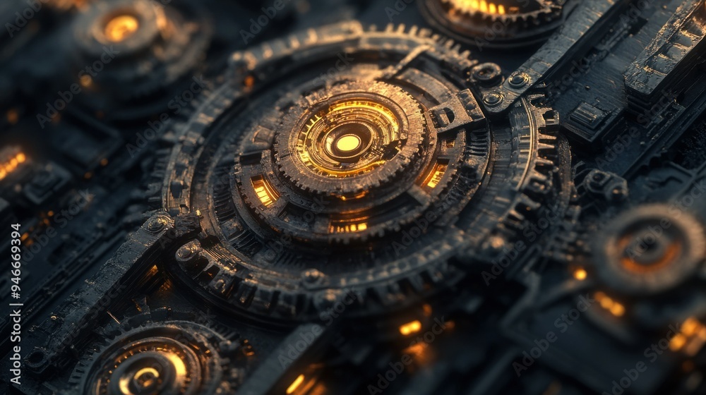 Poster Glowing Cogs and Gears in a Metallic Machine
