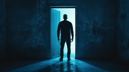 A man stands in a dimly lit room, his silhouette illuminated by the light pouring through an open doorway. He represents a person embracing a new beginning, finding hope in the face of uncertainty, st