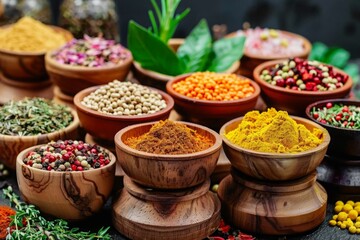 Fototapeta premium Various spices including turmeric, coriander seeds, and mixed peppercorns in wooden bowls. Ayurveda, ayurvedic herbs, Generative AI