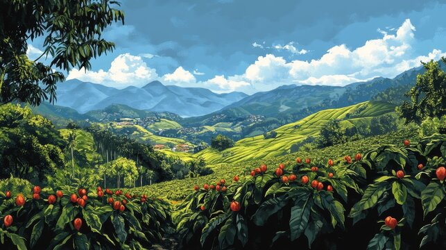 A picturesque landscape of lush green coffee plantations nestled amidst rolling hills and majestic mountains in Colombia. The vibrant red coffee beans stand out against the foliage, showcasing the bea