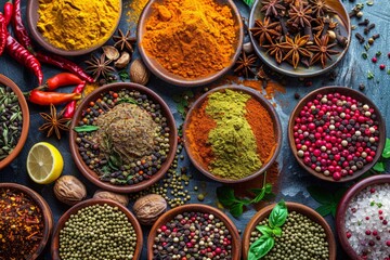 Fototapeta premium Assorted spices and seasonings in wooden bowls with fresh herbs, chili peppers, and lemon on a dark textured background. Ayurveda, ayurvedic herbs, Generative AI