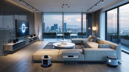 Fototapeta premium A spacious modern living room with a large flat-screen TV mounted on the wall—a bright, airy living room with a prominent flat-screen TV and contemporary accents. 