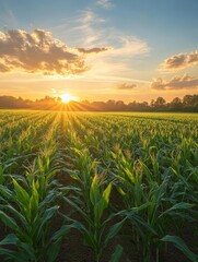 A picturesque view of a cornfield bathed in the golden light of sunset. The rows of green corn stalks reach towards the sky, creating a sense of tranquility and abundance. The warm colors of the setti
