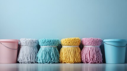 A lined-up set of pastel-colored buckets, each with a similarly toned mop inside, arranged against a blue wall, signifying cleanliness and organization.