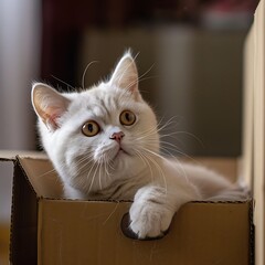 A white British Shorthair cat sitting in a cardboard box, peeking out with a playful look