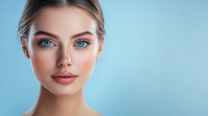 Fototapeta premium Beautiful young woman with clean fresh skin on beige background, Face care, Facial treatment, Cosmetology, beauty and spa, women portrait. copy space.