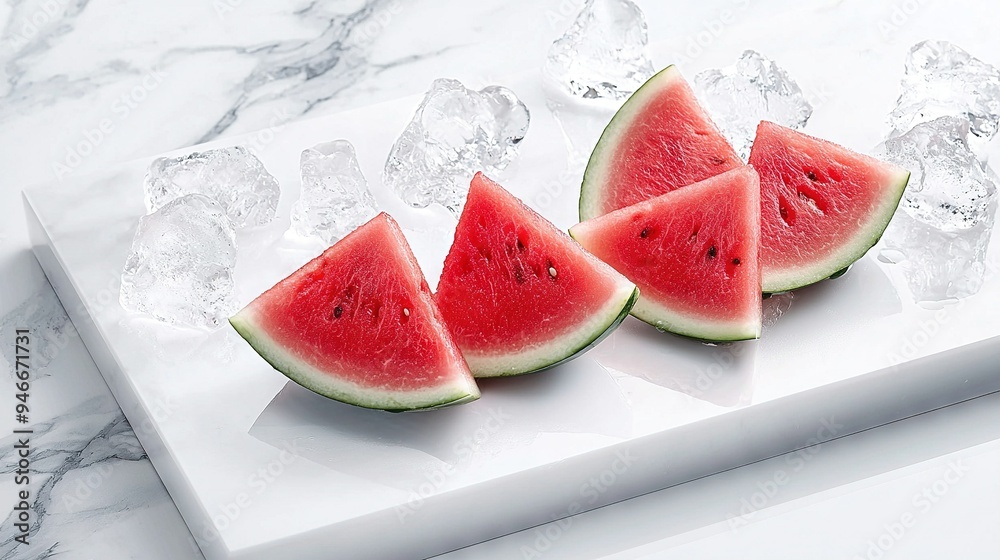 Wall mural three watermelons sit on a marble countertop, surrounded by ice cubes