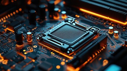 Obraz premium A close-up of a server motherboard, showcasing its intricate components and processing power.