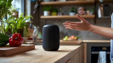 A person using a voice assistant to control their smart home devices and access information.