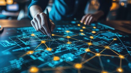 A blockchain developer meticulously examining a complex network diagram, working to optimize the security and scalability of a decentralized application