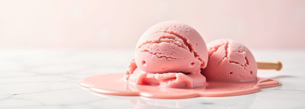 illustrazione con praline di gelato, sorbetto alla fragola che si sciolgono su una superficie bianca
