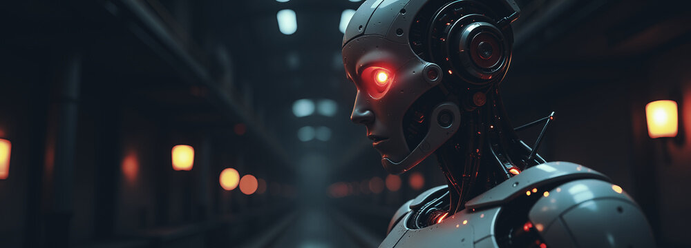 illustrazione di futuristico robot androide in ambiente tecnologico, primo piano testa