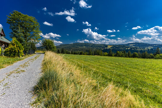 Asphalt road in the mountains, bicycle path, Beskid Śląski