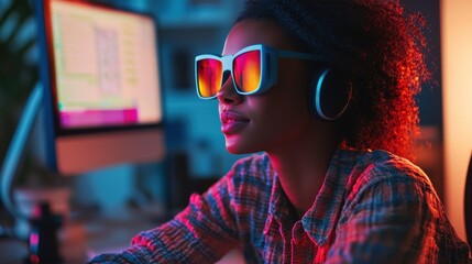 A person with a visual impairment using a specialized assistive technology device, such as a screen reader or haptic interface, to navigate their digital environment