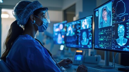 A healthcare professional remotely monitoring a patient's vital signs and progress using a suite of connected medical devices and telemedicine technology