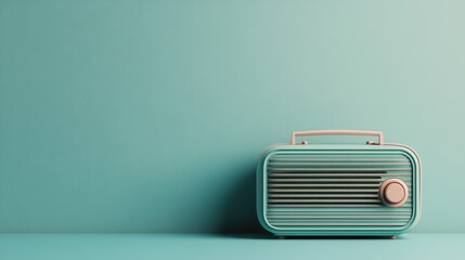 A retro-style turquoise radio sits against a matching turquoise background, blending vintage...