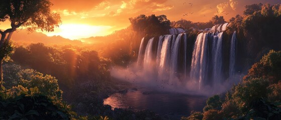 Fototapeta premium Majestic Waterfall at Sunset with Flying Birds