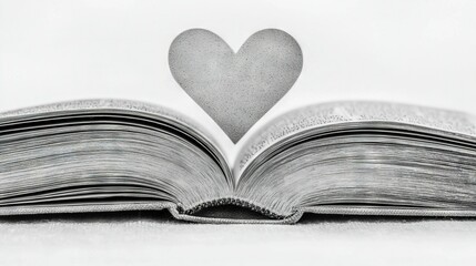   An image with a heart-shaped bookmark protruding from the spine of an open book against a white backdrop