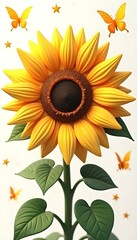 large sun  flowers with green leaves on a white background, surrounded by stars, and butterflies., rendered in 3D  