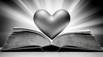   A heart-shaped bookmark sits atop an open book against a black and white backdrop