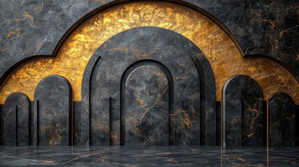art deco inspired golden arches black marble background 3d relief sculpture geometric patterns luxurious 1920s aesthetic