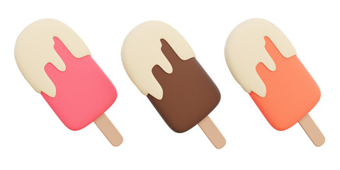 Set of ice cream three flavors a stick in strawberries, chocolate, orange ,glaze cream on isolated background. Refreshing delicious travel tour summer hot days. 3d rendering illustration
