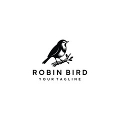 Robin bird logo standing on a tree branch in vintage ink drawing style.