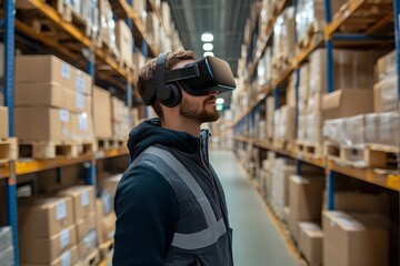 Obraz premium A supply chain coordinator utilizes VR technology to navigate and manage a warehouse, showcasing the future of logistics optimization. The image depicts a modern warehouse setting, a focus on efficien