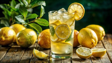 Tall glass of freshly made lemonade with ice cubes and lemon slices