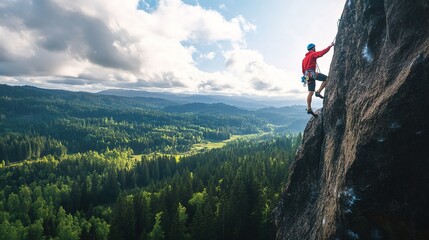 Fototapeta premium A rock climber reaching the summit of a cliff, with a breathtaking valley and forest below