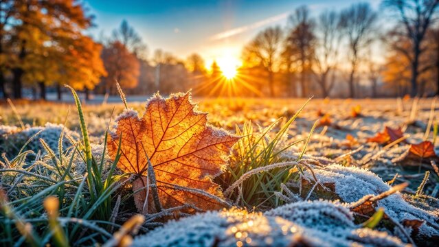 Autumn morning, first light frosts, melting frost on autumn grass and fallen leaves