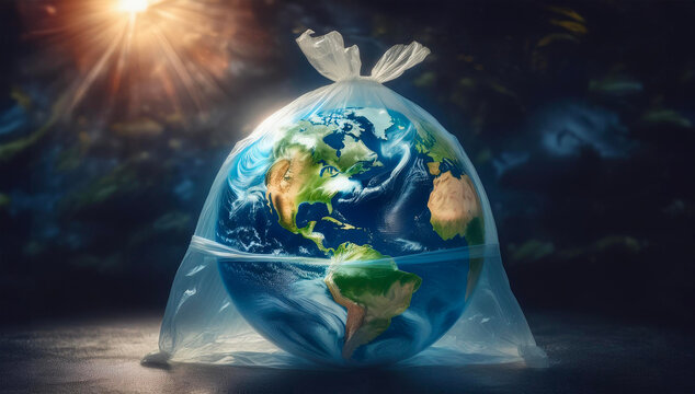 Pianeta Terra dentro un sacchetto di plastica immerso nell&rsquo;oceano, danno all&rsquo;ambiente, inquinamento ambientale