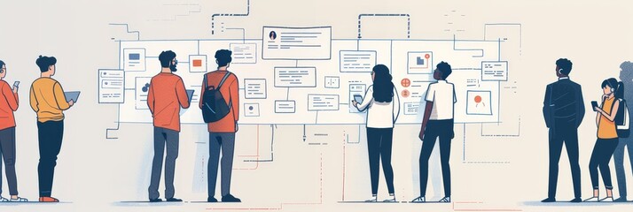 A team of diverse professionals stand around a whiteboard, brainstorming and collaborating on a user experience design project. They are working together to create a seamless and engaging digital expe