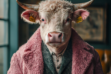 A cow dressed in a pink coat and tie.