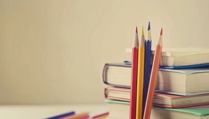 Fototapeta premium Soft ivory background with books and pencils, ideal for a clean and inviting educational promo