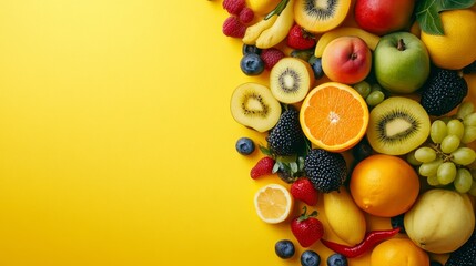 A vibrant mix of fresh fruits, including kiwi, orange, grapes, apple, lemon, and berries, arranged on a bright yellow background. This image symbolizes freshness, health, and abundance.