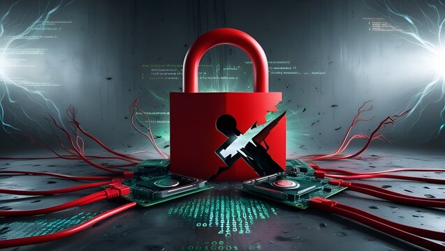 cyberattack. Cybersecurity, internet cyberattack warning, compromised system, red-broken padlock.