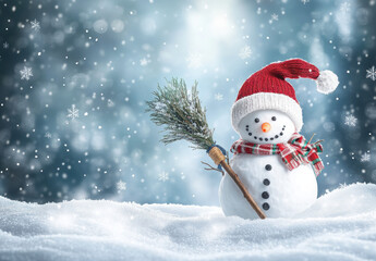 Fototapeta premium Merry christmas and happy new year greeting card with copy-space.Happy snowman standing in christmas landscape.Snow background.Winter fairytale. 