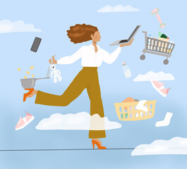 femme en équilibre sur un fil ciel nuages débordée maman travail charge mentale tâches ménagères  © Fatimata