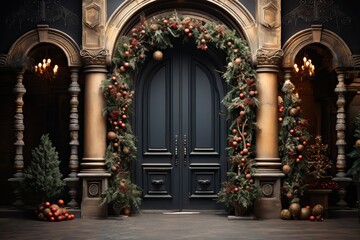 The anthracite-colored front door is decorated for Christmas.